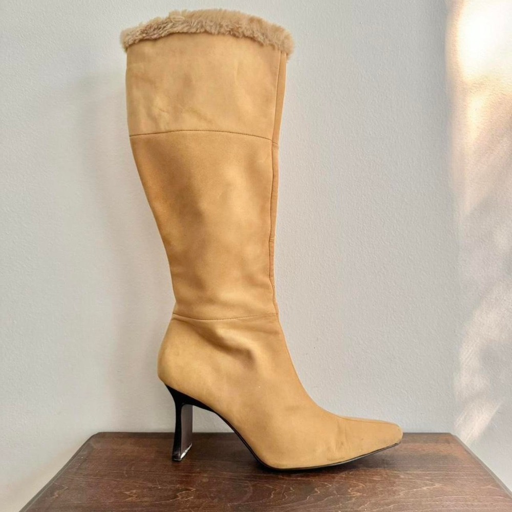 90s / Y2K boots faux fur pointed yellow tan size 7.5 stiletto knee high vintage